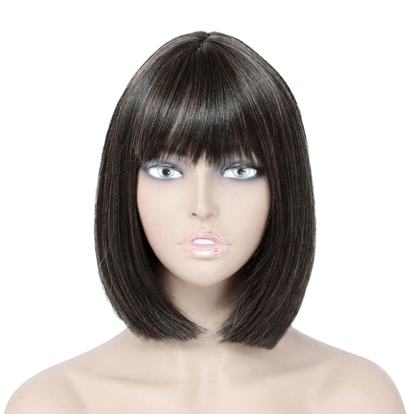 12 inch Short Bob Wig with Bangs Straight Dark Bown Hair NWOT - Picture 2 of 8